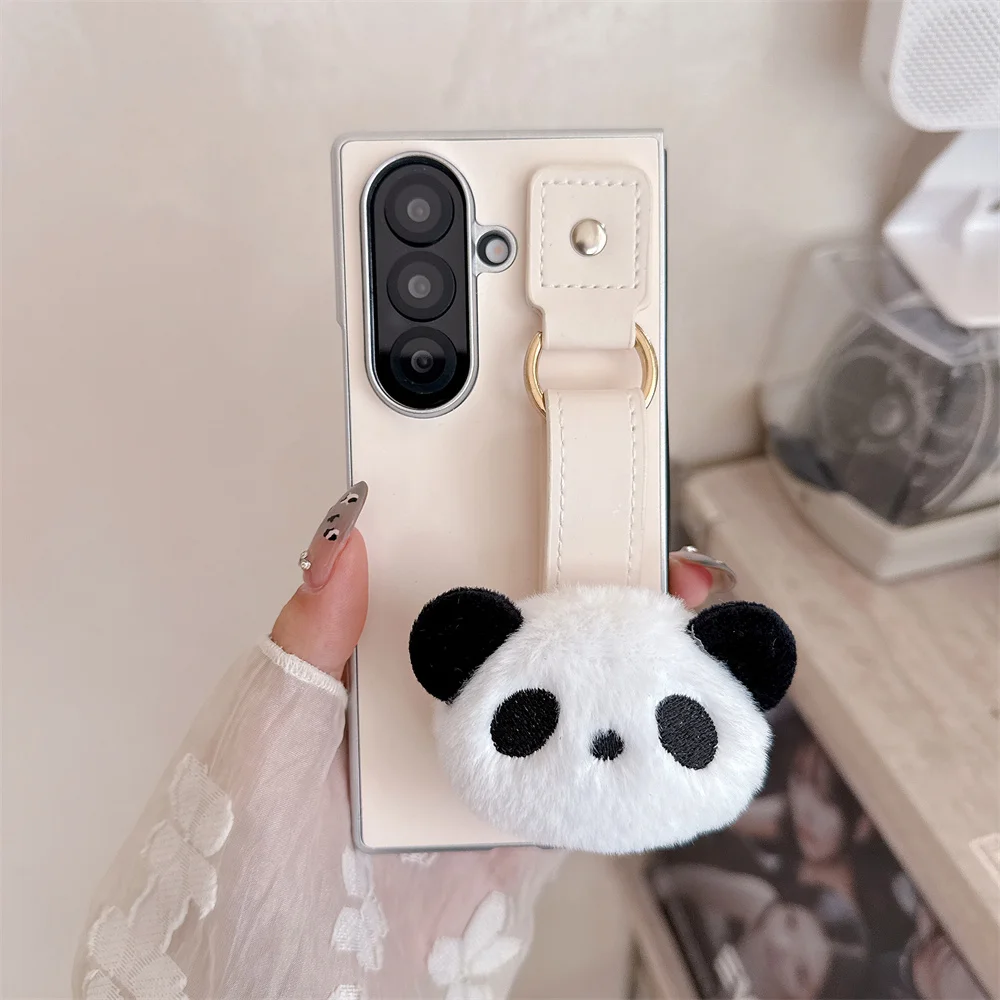 

Fashion leather wristband phone case for Samsung Galaxy Z Fold 7 Fold6 Fold 5 4 3 cover cute puppy plush stand protective cover