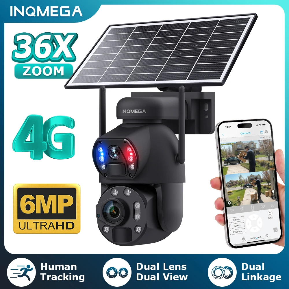 

INQMEGA Solar Camera 4G Sim 5K 6MP 36X Zoom Dual Lens Recording Humanoid Tracking Outdoor WIFI Camera Metal Waterproof