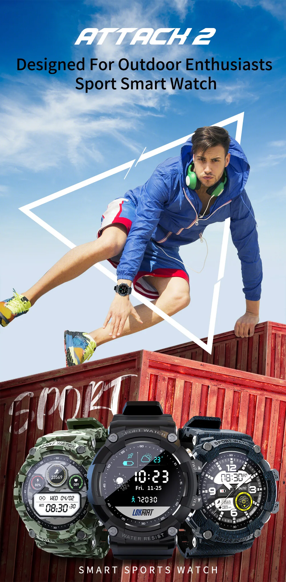 ATTACK 2 ساعة ذكية رياضية للنوم في الهواء الطلق ومراقبة معدل ضربات القلب والصحة ودرجة الحرارة والطقس وعرض الخطوات وعد المسافة والسعرات الحرارية