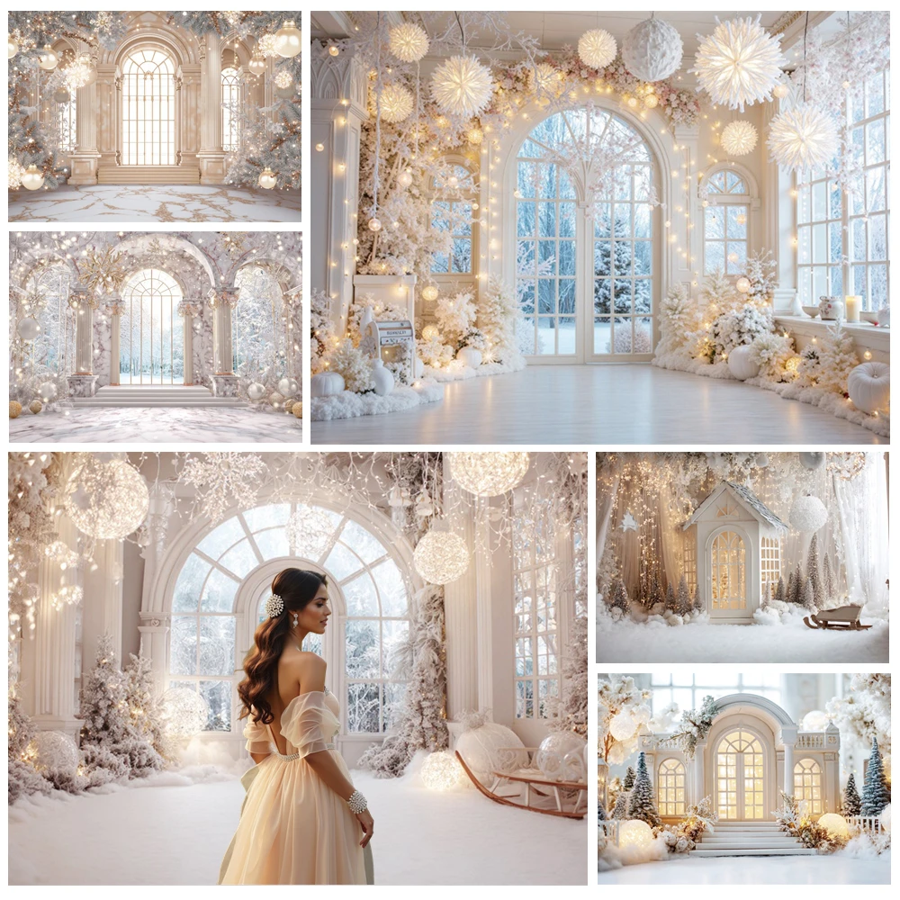 

MOON.QG White Christmas Trees Background Photography Lights Sleighs Large Snowflake Backdrop Wedding Photo Studio Party Decor