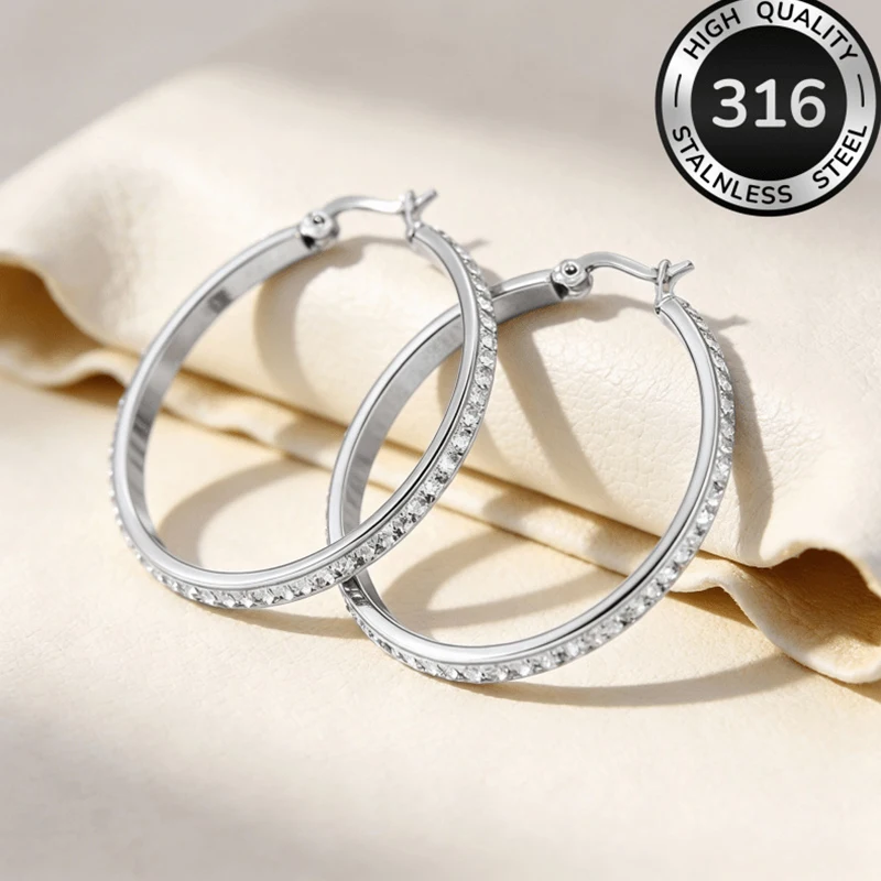 Stainless Steel Women Hoop Earrings Cute Cubic Zirconia Inlaid Huggie Earrings 50MM Perfect Mother's Day Gift Fashion Simple
