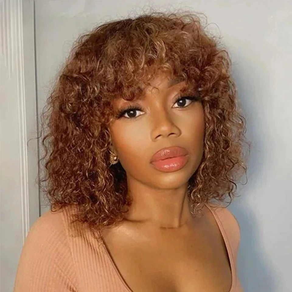 

Short Pixie Bob Cut Human Hair Wigs With Bangs Glueless Jerry Curly Bob Wig Highlight Honey Blonde Colored Wigs For Women