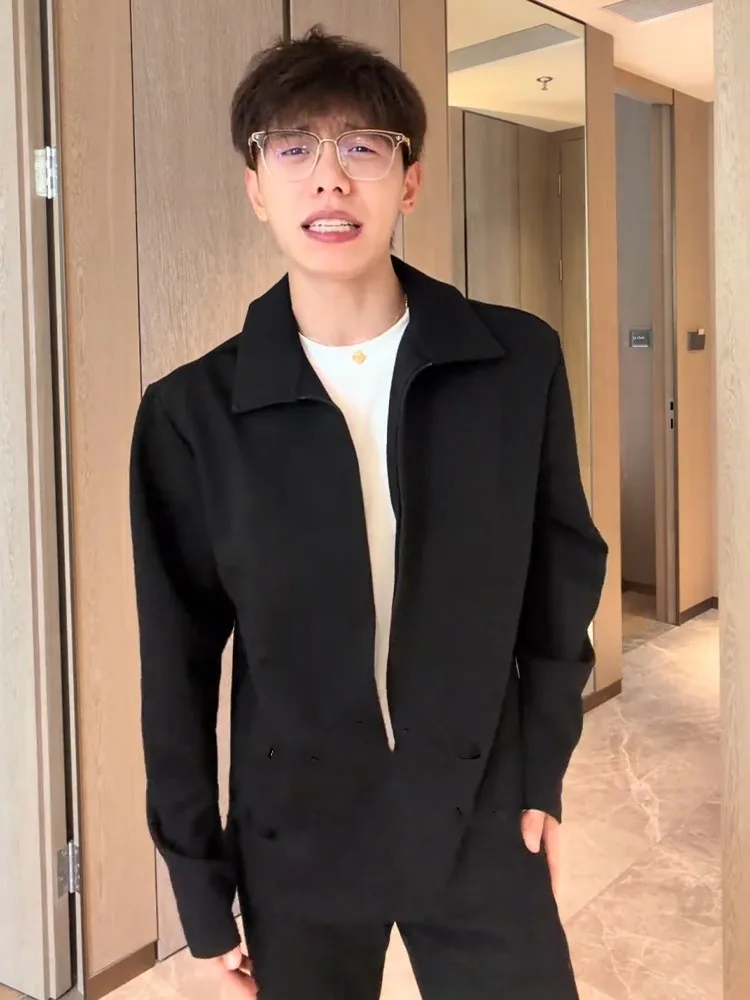 

Spring Season Men's Long Sleeve Shirt Stand Collar Fake Two-Piece Sweatshirt Shoulder Appropriate High Quality Outerwear