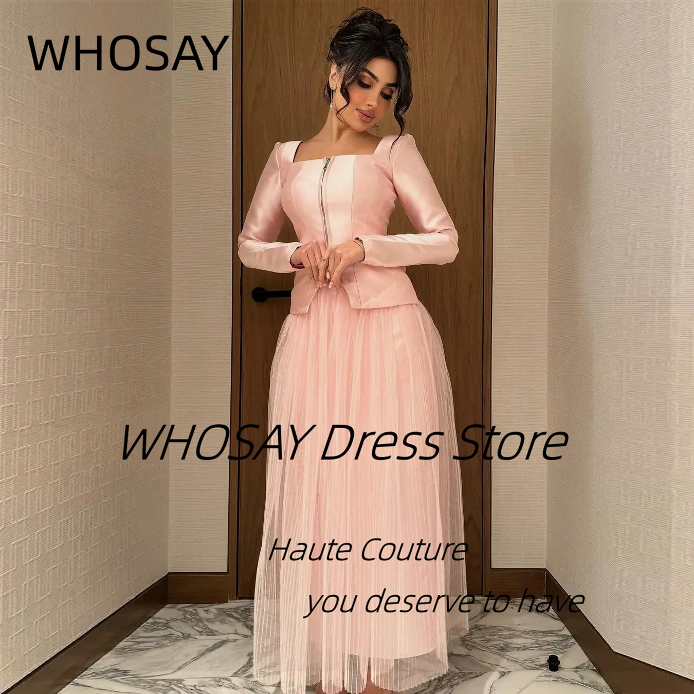 WHOSAY Two Pieces Prom Dresses Long Sleeves Zipper Style Evening Gowns Saudi Arabia Women Wear Tulle Bespoke Party Dress