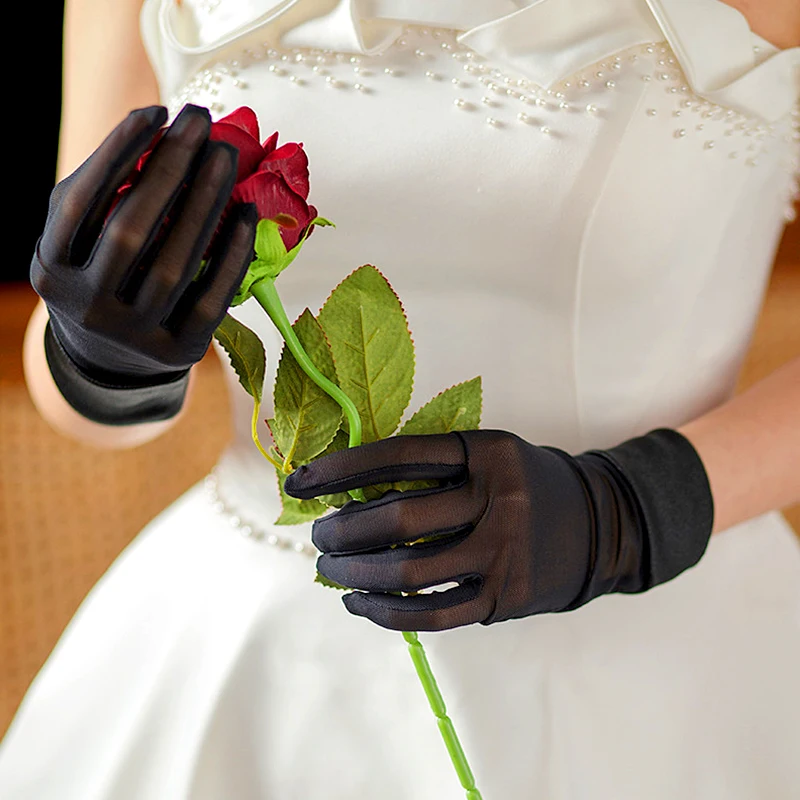 

1 Pair Satin Tulle Full Finger Gloves White Black Brides Bridesmaid translucent Wrist Gloves Wedding Party Elegant Accessories