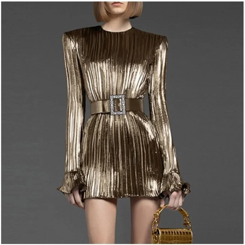 

European and American High-end Banquet Women's Evening Dress Round Neck Pleated Patchwork Polyester Waist-cinching Elegant Solid