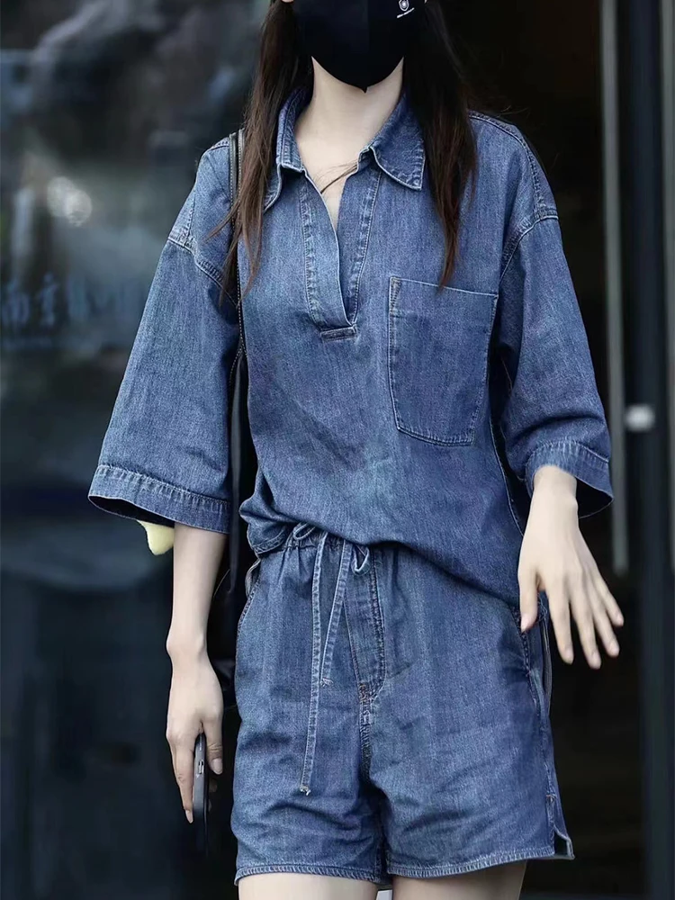 

2026 Vintage High Street Denim Suits Women Short Sleeve Lapel Loose Comfortable Shirt High Waist Shorts Female Two Piece Sets