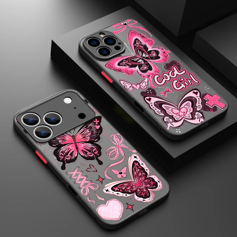 Matte Phone Case For iPhone 17 Air 16e 16 15 14 Pro Max 13 12 17 Pro 11 Shockproof Pink Butterfly Pattern Hard PC Back Cover