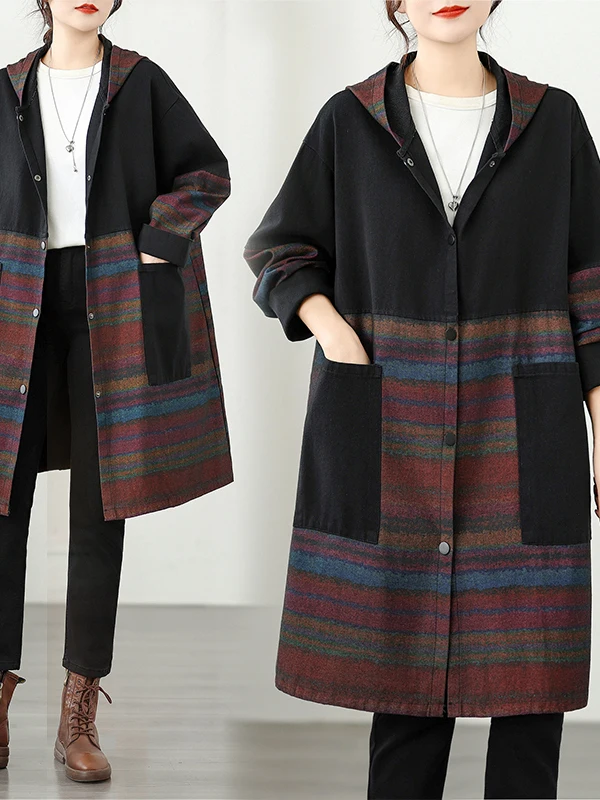 

Свободная повседневная женская джинсовая куртка-ветровка на осень, новинка, большие размеры, с принтом, комбинированная, с капюшоном, на одной пуговице, средней длины