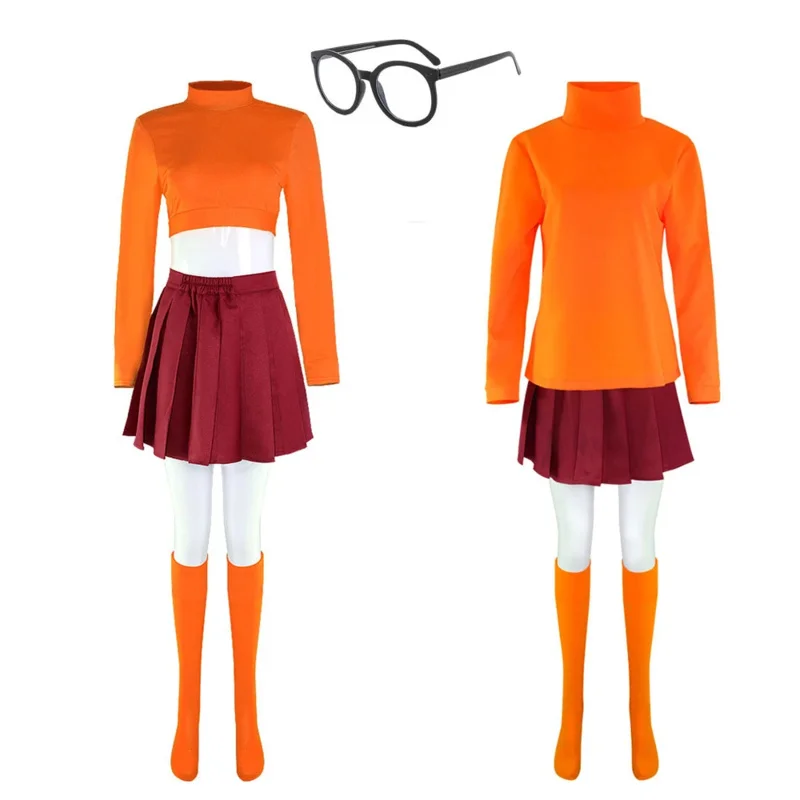 Anime Velma Cosplay Costume Movie Character Orange Blue Uniform Full Set Halloween  for Women Girls Party Costume Wig Role Play