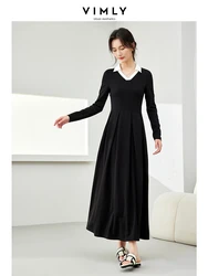 Vimly Contrast V Shape Polo Collar Maxi Dress 2024 Spring French Style Elegant Black Long Sleeve Pleated Dresses Woman M5688