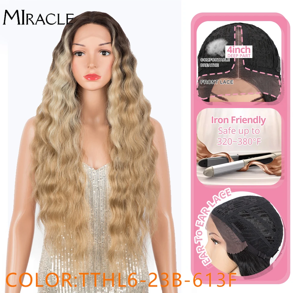 Perruque Lace Wig synthétique pour femmes, perruque Deep Wave bouclée Blonde, perruque de Cosplay 30 pouces Ombre dentelle perruques haute