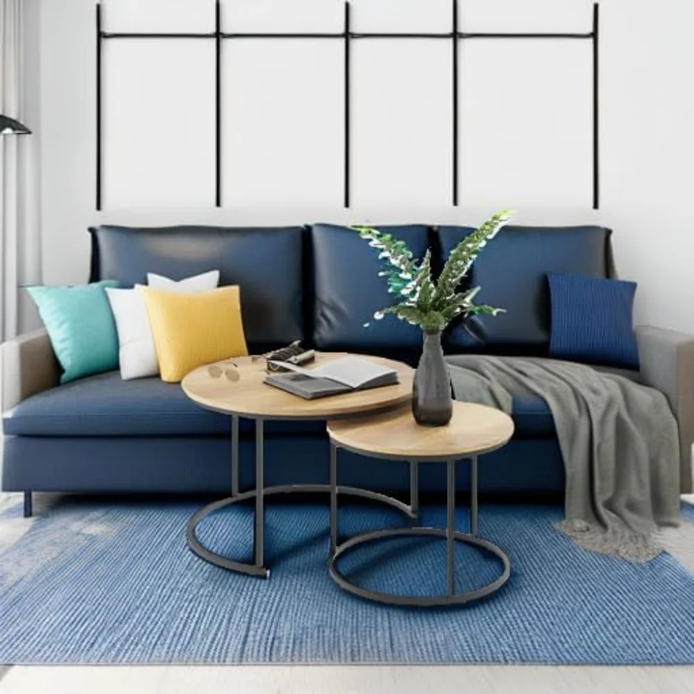 Round Wood Grain Coffee Table Set of 2 with Adjustable Feet, Industrial Style, Non-Slip Stability, Nesting End Tables