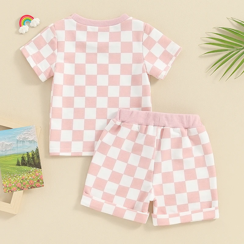 2023-12-19 Lioraitiin 0-3Y Toddler Baby Girl Summer Short Outfit Checkered Plaid Short Sleeve T-shirt Drawstring Shorts Set