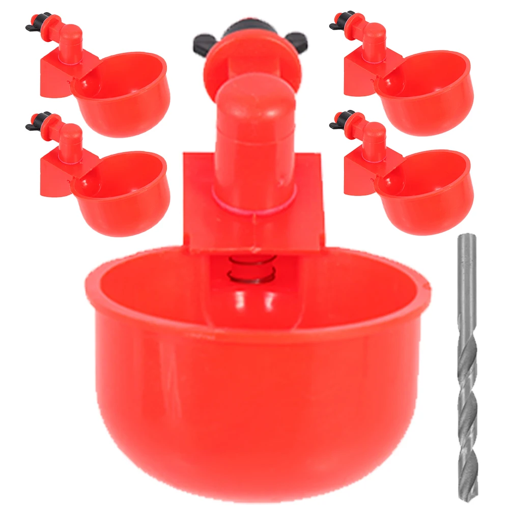 

5 Red Water Dispenser Cups Drill Bit Automatic Plastic Bird Waterer Bowls for Poultry Accessories Duck Bird Feeder