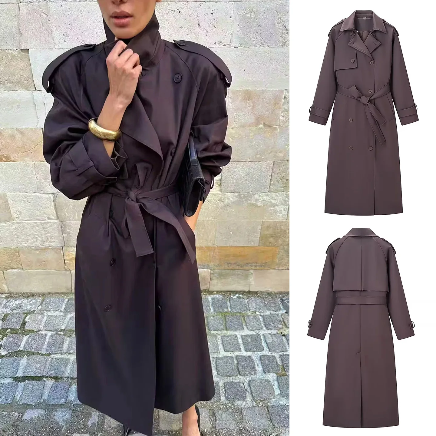 

Winter New Women's Long Sve Turn-down Collar Double-breasted Knot Belted Mid-length Coat Jaet Commute Sle Po...
