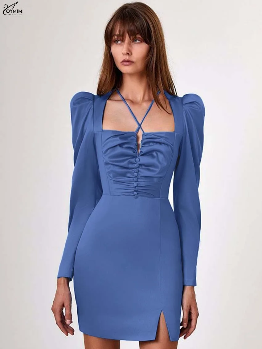 

Oymimi Elegant Blue Slim Women's Dress Fashion Square Neck Wrist Sleeve Lace-Up Dresses Casual High Waist Side Slit Mini Dresses