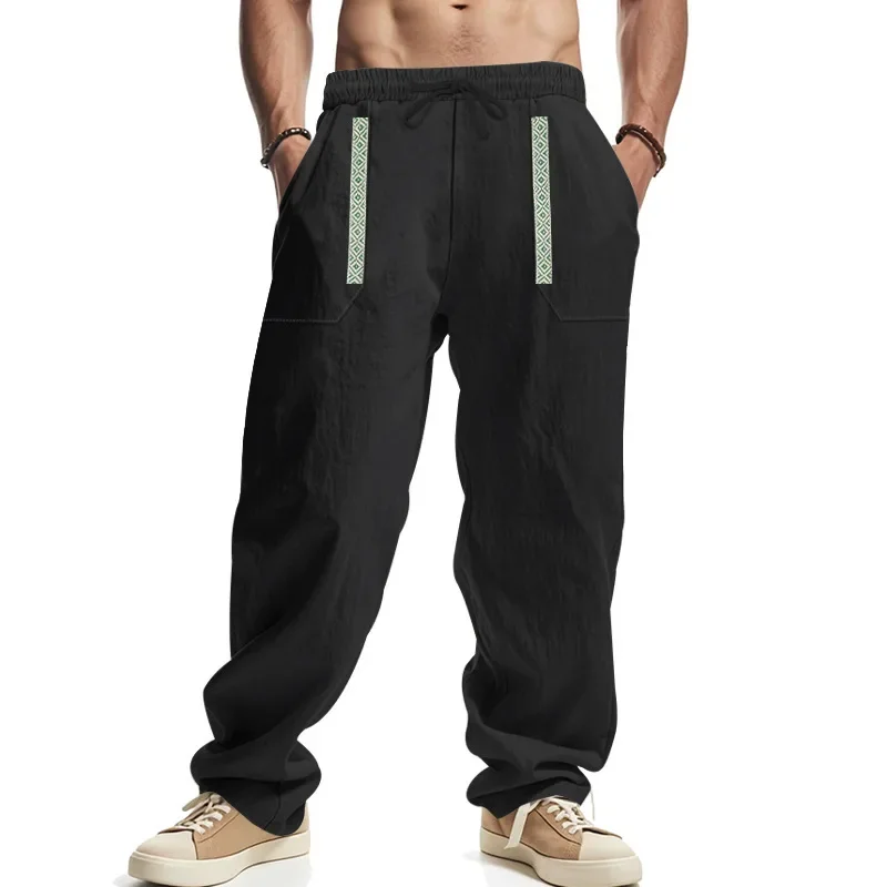 

LIBIELIY American And European Style Men's Linen Breathable Drawstring Casual Trendy Trousers Loose Sports Straight Pants Male C