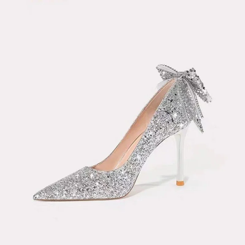 Francuskie buty ślubne kobiety srebrne buty na wysokim obcasie sukienka z cekinami czółenka elegancka wiosenna Rhinestone kokardka słodkie