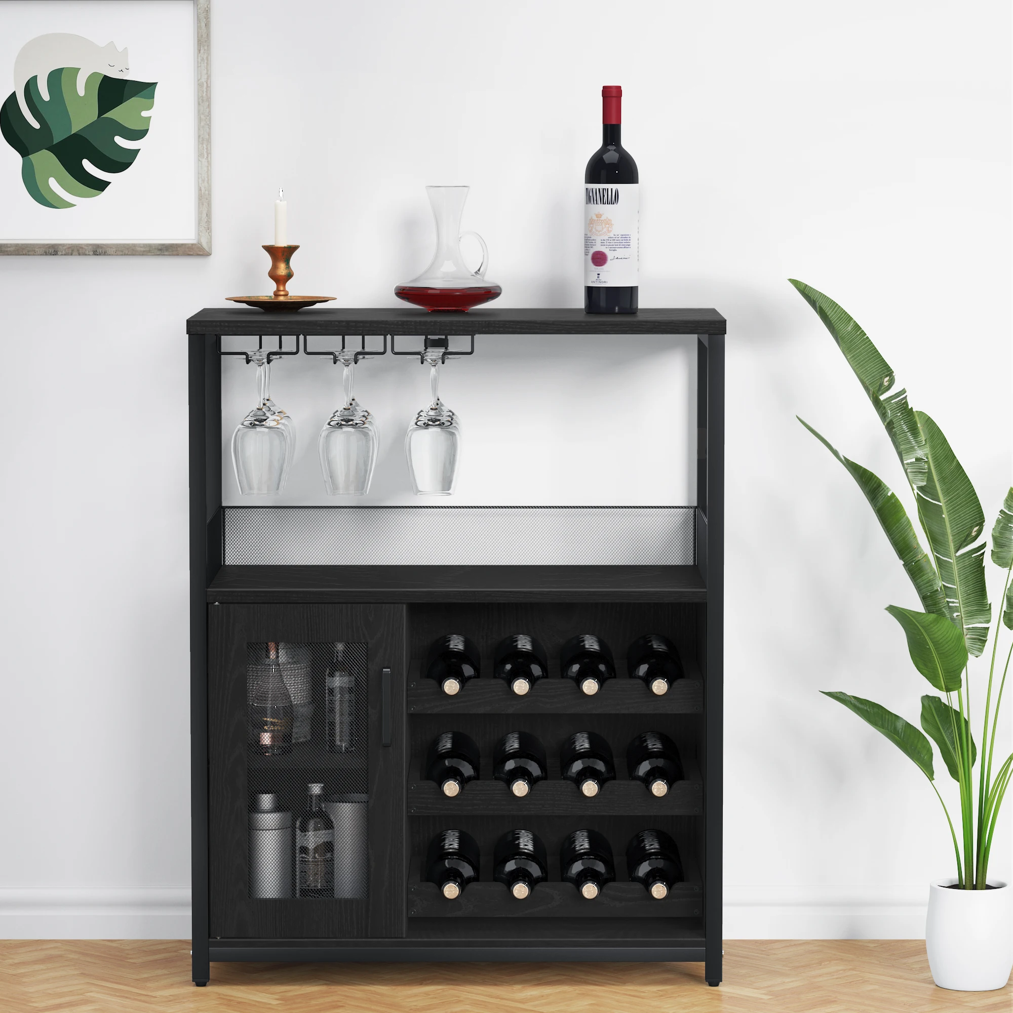 

Wine Bar Cabinet with Detachable Wine Rack Bar Rack Cabinet with Glass Holder and 1 Drawer Mesh Door Small Sideboard and Buffet