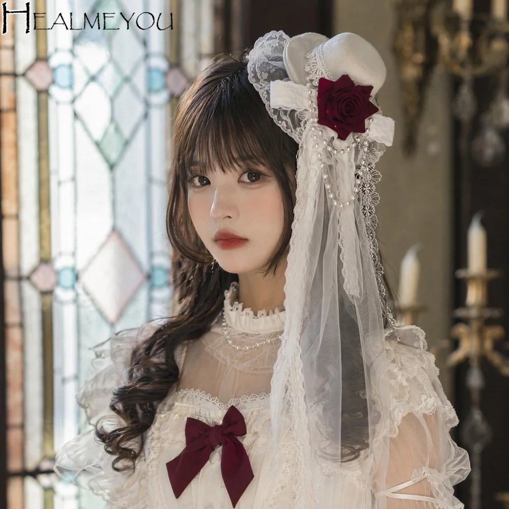 

Lace Gothic Lace Veil Chain Detail Elegant Style Mini Top Chiffon Rose Hat Victorian Rose Decoration Retro Small Top Hat