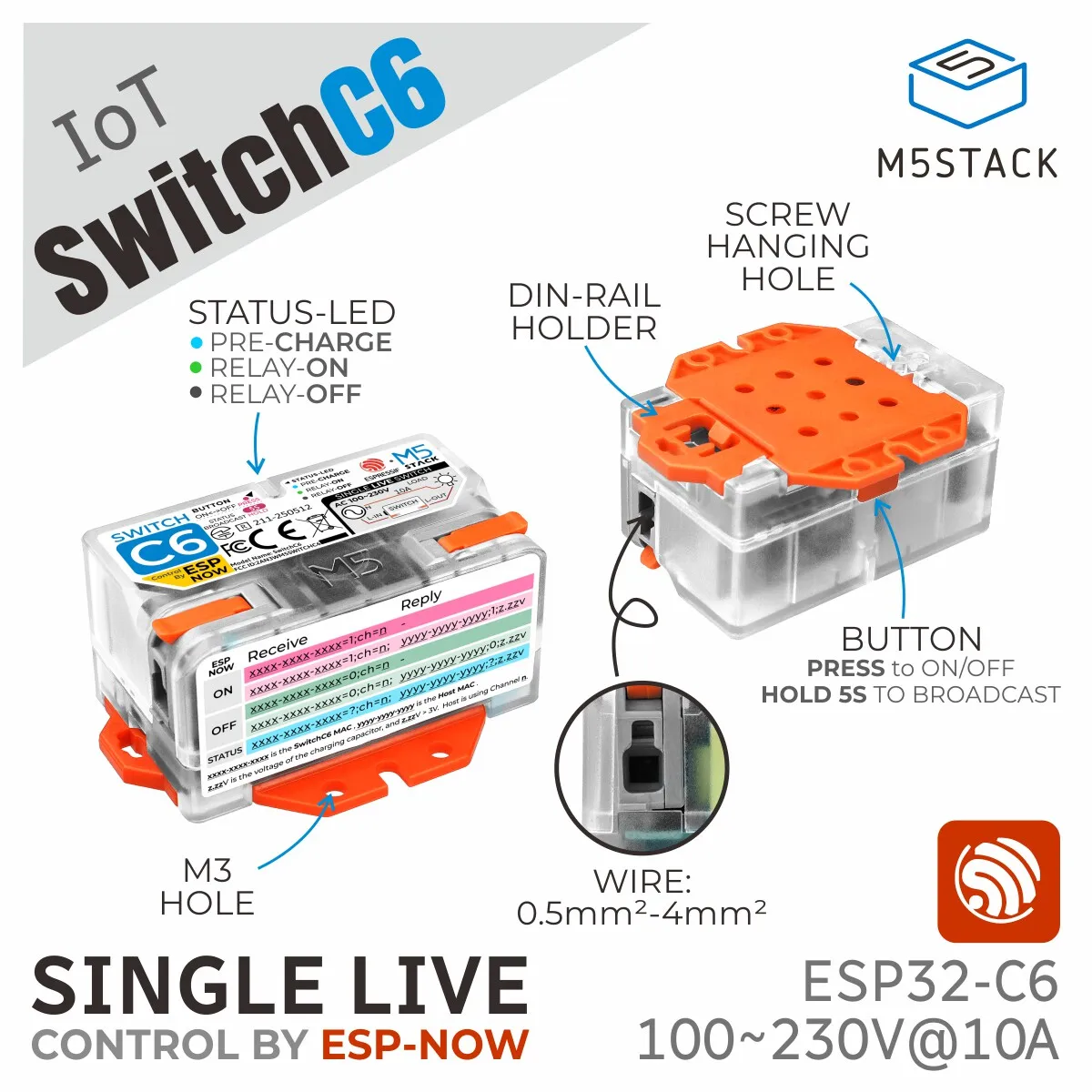 M5Stack SwitchC6 IoT Single Firewire Switch ESP32-C6 Magnetic Latching Relay