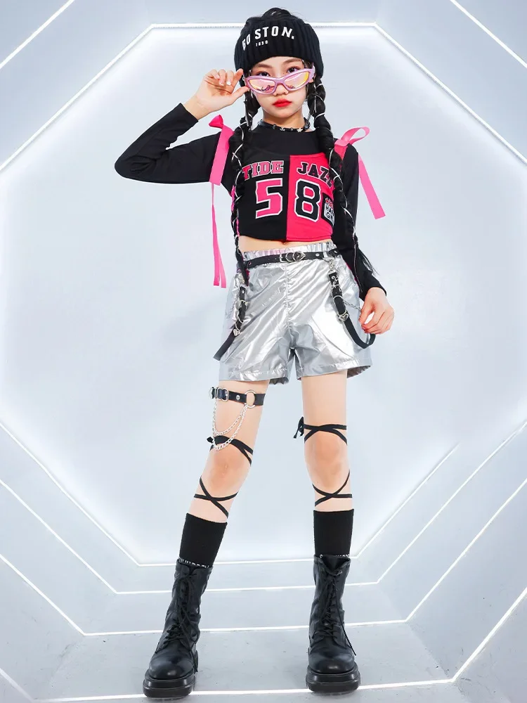 Neues Mädchen-Hip-Hop-Crop-Top, glänzende Cargohose, T-Shirt, Street-Dance-Shorts, Kinder-Streetwear, Kinder-Jazz-Mädchen-Gruppen-Kleidungssets – Detail 17