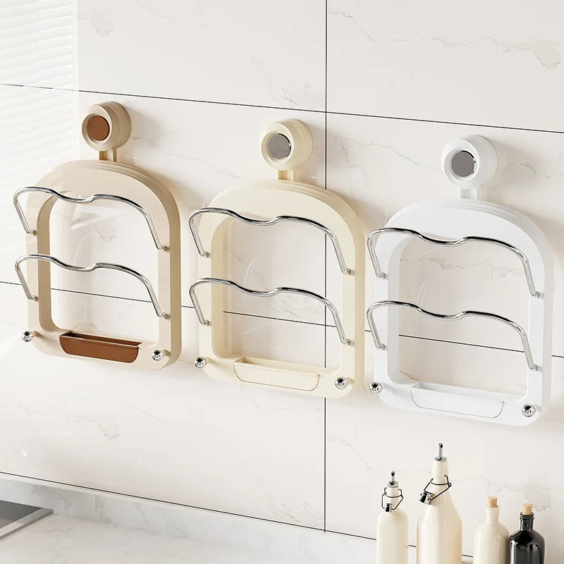 

Pot Cover Holder Wall-mounted Perforation-free Cutting Board Holder Removable Drain Tray Kitchen Storage Sucker Pot Cover Holder