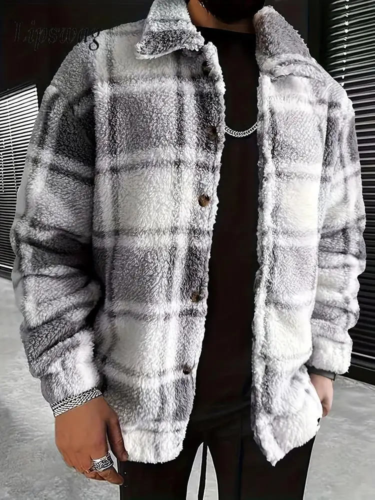 

Autumn Winter Fashion Flannel Fleece Jacket Mens Vintage Plaid Furry Cozy Outerwear Men Stylish Buttoned Lapel Coat Jackets