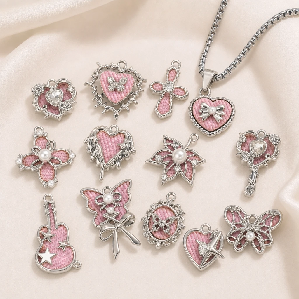 Butterfly Pendant Necklace - 5개 믹스 핑크 Y2K 하트 에나멜