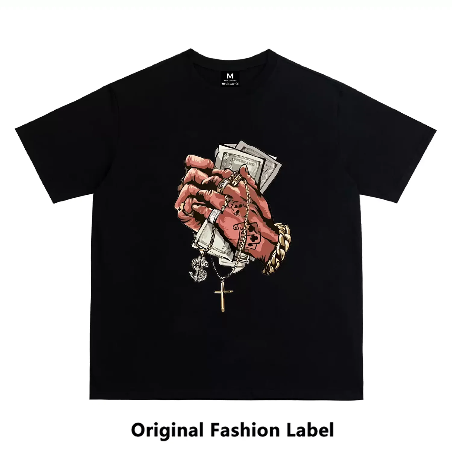 Unisex American-style streetwear short-sleeve T-shirt featuring a vintage US dollar bill and chain print; loose, trendy fit—perfect for couples in summer.