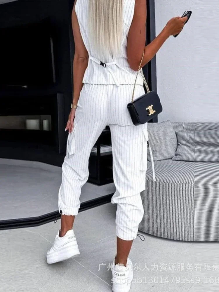 Women Tracksuit Two Pieces Set Sleeveless Single Breasted Button Vest Pencil Pants Slim Pockets Striped Pockets Zipper Fly