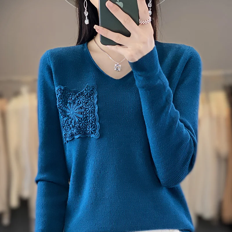 

2023 New Hooked flower pocket Cashmere sweater women V-Neck Long sleeved cashmere sweater women casual knitted women