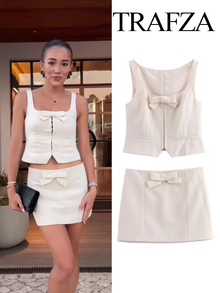 TRAFZA Summer Fashion Women Suits Solid Square Collar Sleeveless Single-Breasted Short Tops+Mid-Rise Bow Side Zipper Mini Skirts