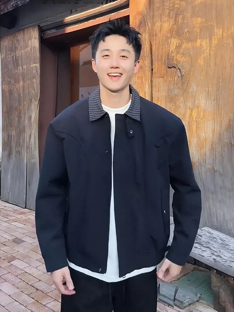 

American Retro Plaid Harington Jaet ort Trendy Workwear Polyester Fiber Summer Youth Long Sve Loose Fit Men's Coat