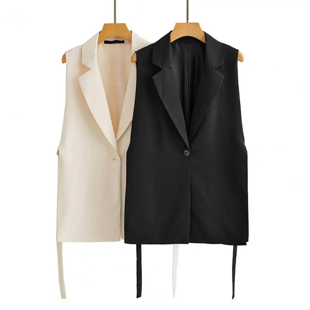 

Women Fashion With Taps Side Vents Waistcoat Turn-down Collar Loose Single Button Mid Length Female Outerwear Chic Vest Tops