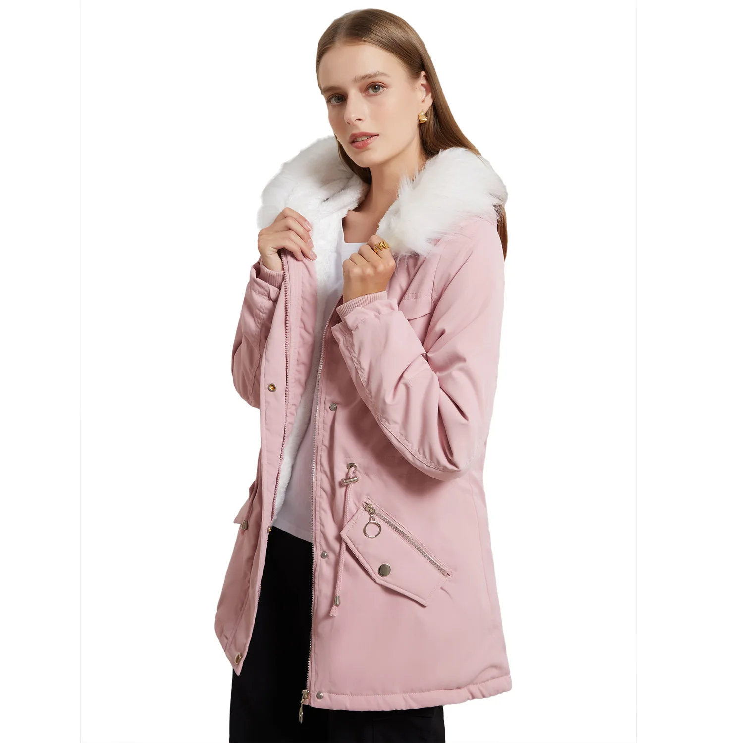 High quality faux fur hooded trench coat for women big size plush lining new winter 2023 casual clothes - black pink green