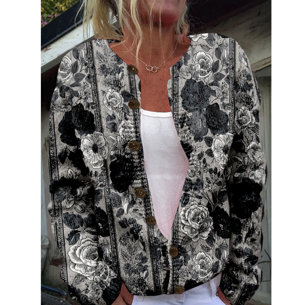 

Осень-зима вязаный кардиган с цветочным принтом, уличная одежда, женские свитера, крутой вязаный топ, повседневные джемперы, модные