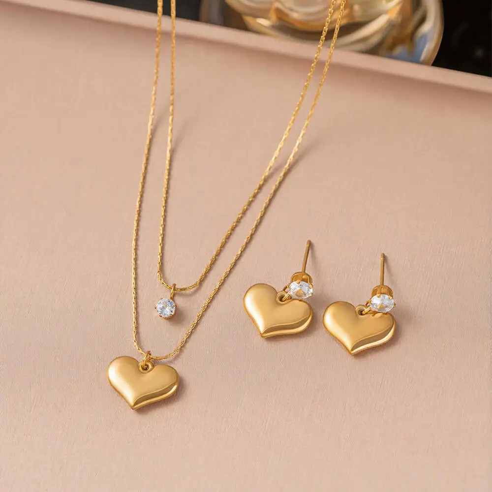 Women Titanium Steel Heart Jewelry Set, Double Layer Puffy Heart Pendant Necklace & Zircon Earrings, Anti-fade Jewellery Gift