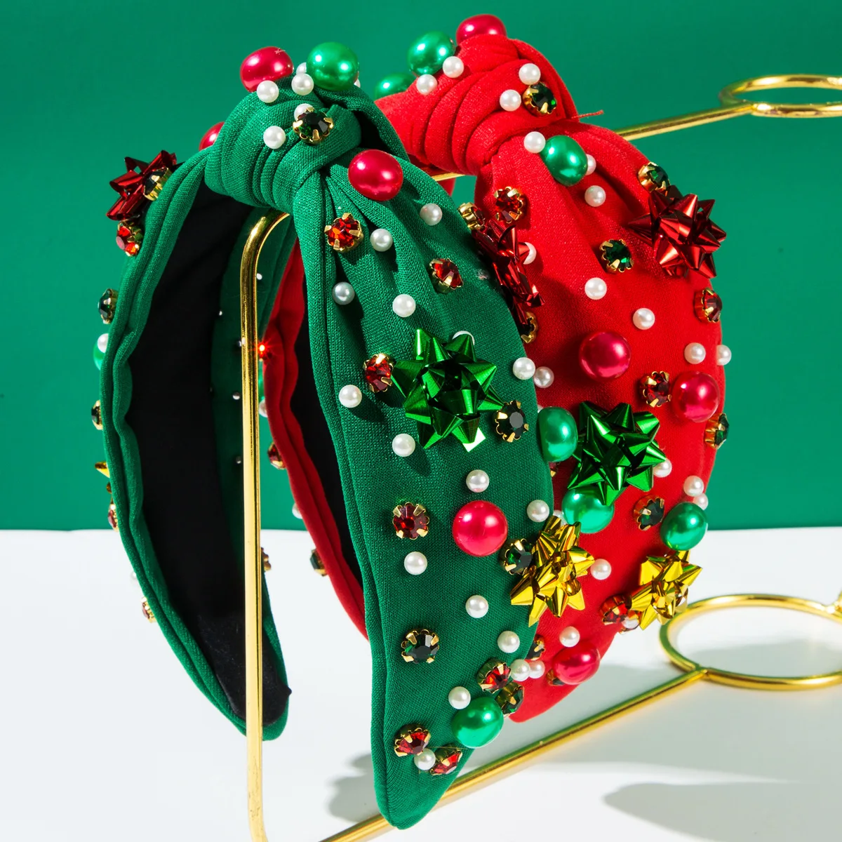 

New Christmas Headband with Red Green Plastic Flower Pearl Headband Simple Korean Style Trendy Holiday Hair Accessory