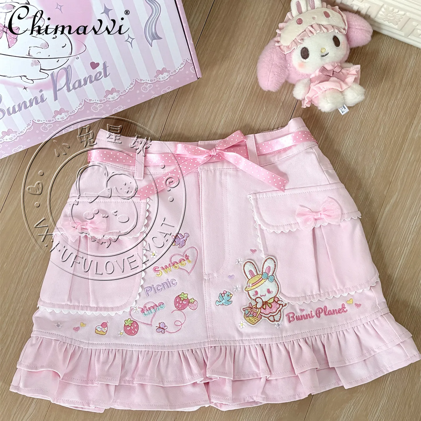 

Original Design Japanese Sweet Daughter's Dress Cute Embroidery Big Pocket High Waist Elegant Short Kawaii Skirt Summer New