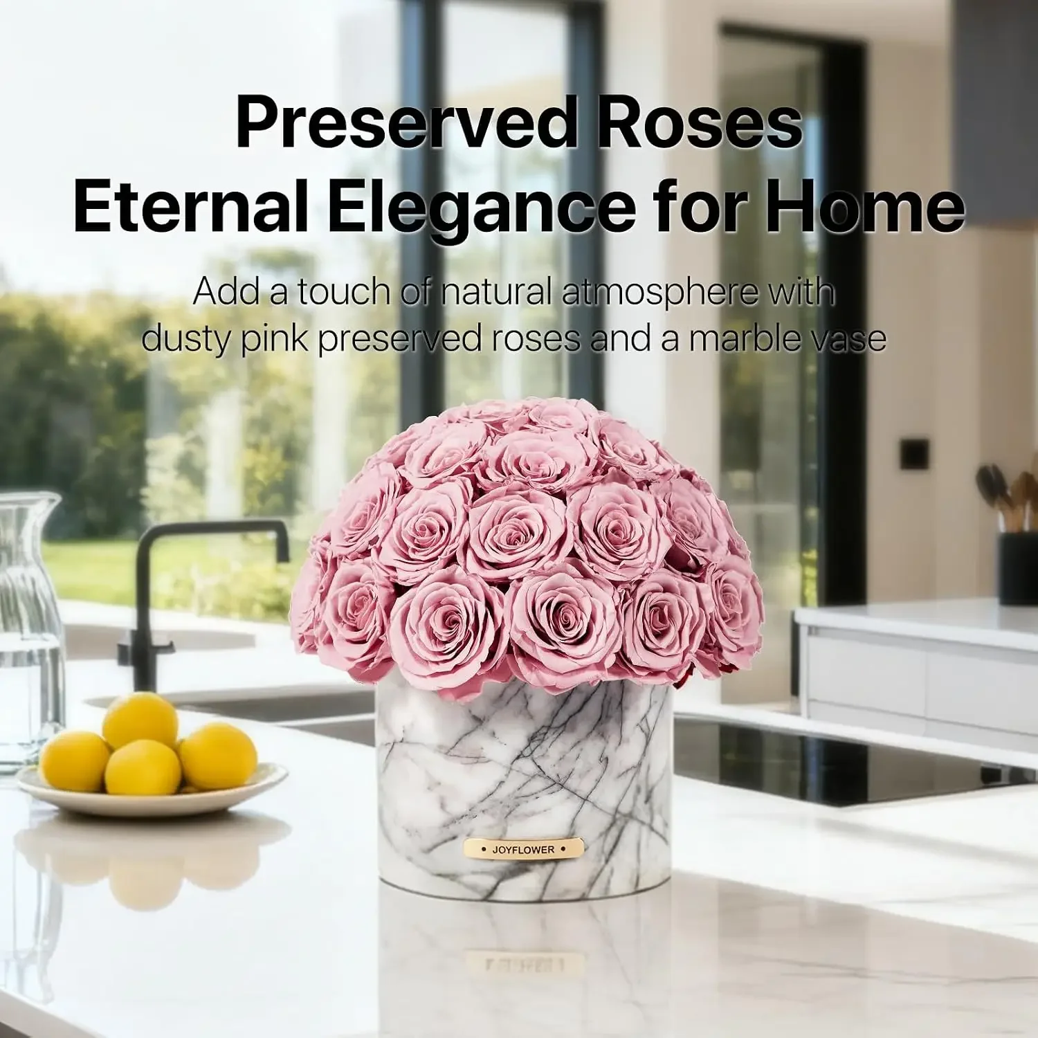 Preserved Flowers in Marble Vase, Snow Plum Marble Vase for Table Centerpiece, Pink Eternal Flower Decorations for Party Home Li