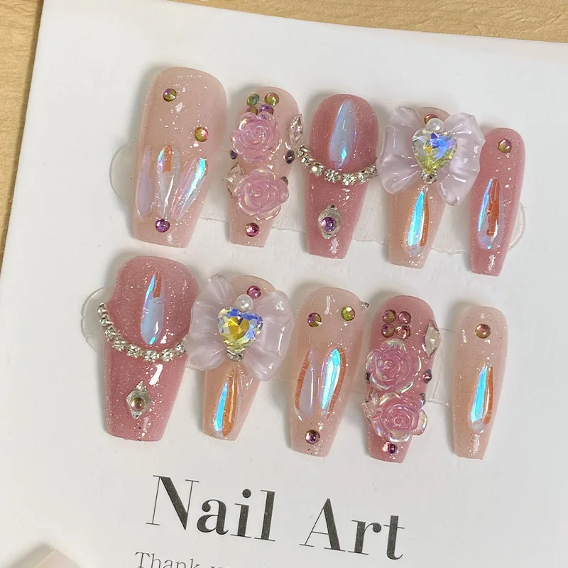 

10pcs Mid-length Coffin Handmade Press-On Nails Pink 3D Bow Flower Decorations Fake Nails Rhinestone Detachable False Nails Tips