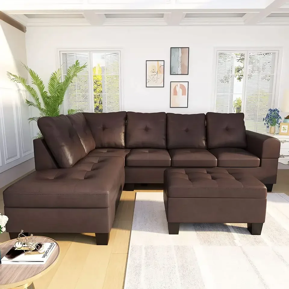 High Quality Luxury Modular with Ottoman Leather Sectional Sofa for Living Room L Shape Wooden Frame Modern Sectional Sofa