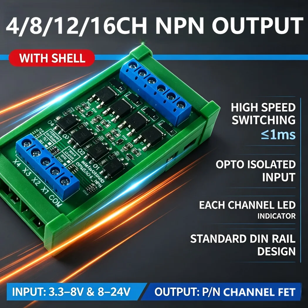 4/8/12/16CH Din Rail MOSFET Module Optocoupler Isolation High Low Level Trigger PWM DC Switch PLC Driver Board