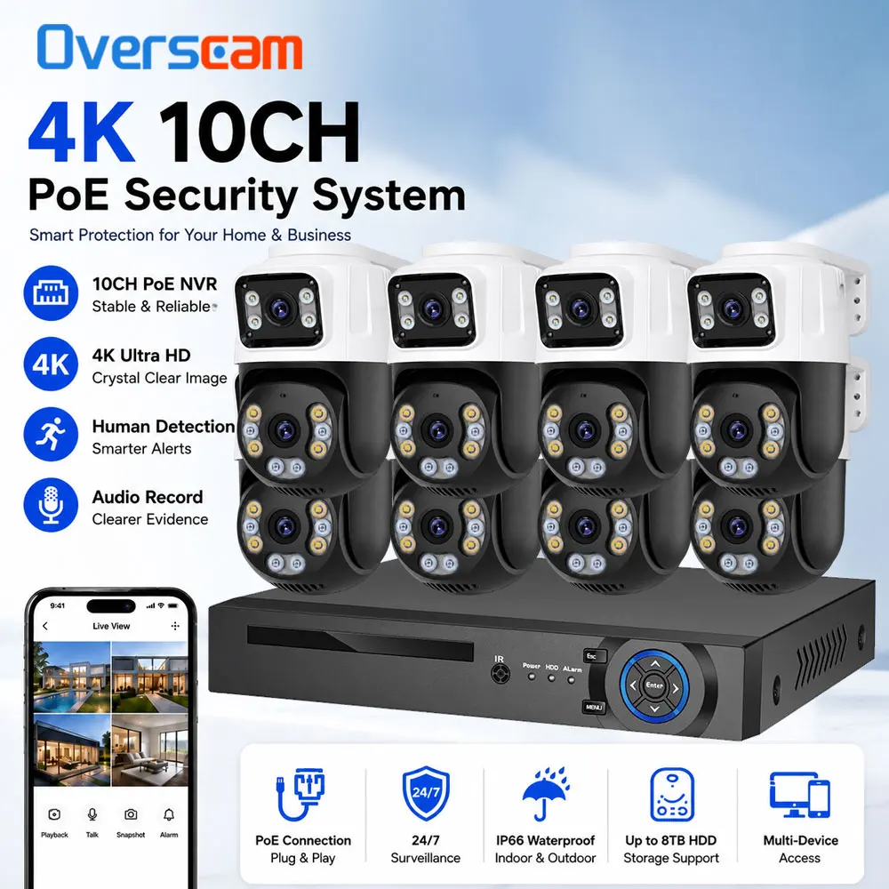 4K 10CH PoE NVR Security Camera System Dual Lens POE PTZ Cameras Human Detection Audio Record IP66 Remote CCTV Surveillance Kit