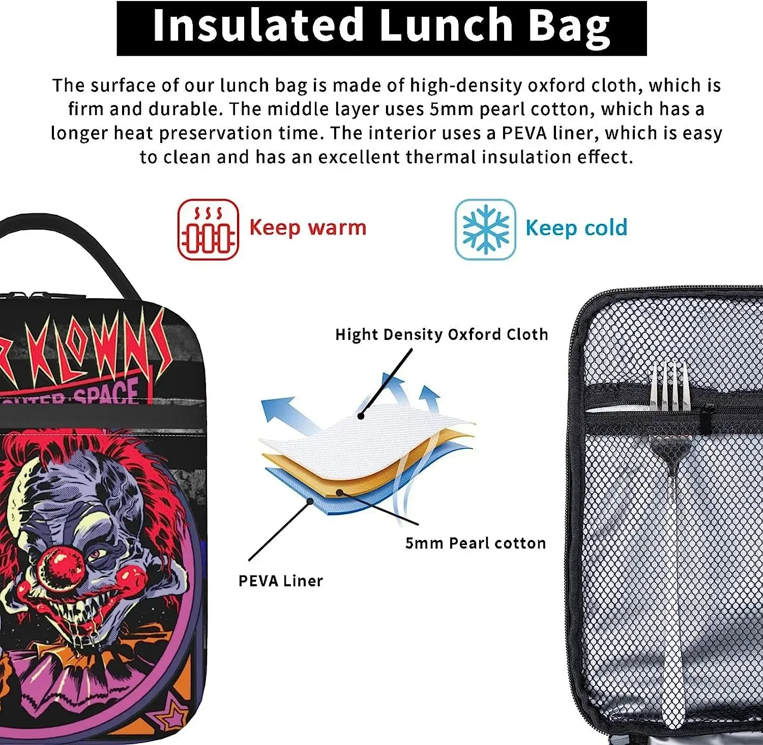 Killer Horror Klowns Movie From Outer Space Insulated Lunch Bags Reusable Picnic Lunch Box for Travel Cooler Bag