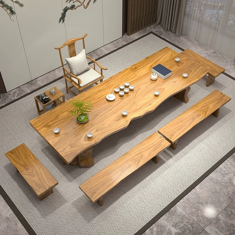 

# Solid Wood Slab Table And Chair Set Hotel Lounge Area Solid Wood Tea-Making Table And Chair Set