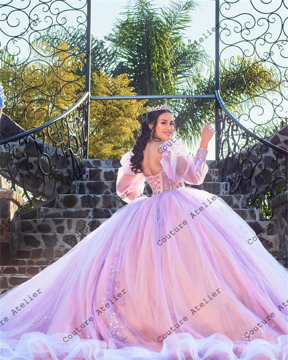 Rosa puff manga longa quinceanera vestidos de baile frisado princesa doce 16 vestidos de casamento vestidos de luxo personalizado