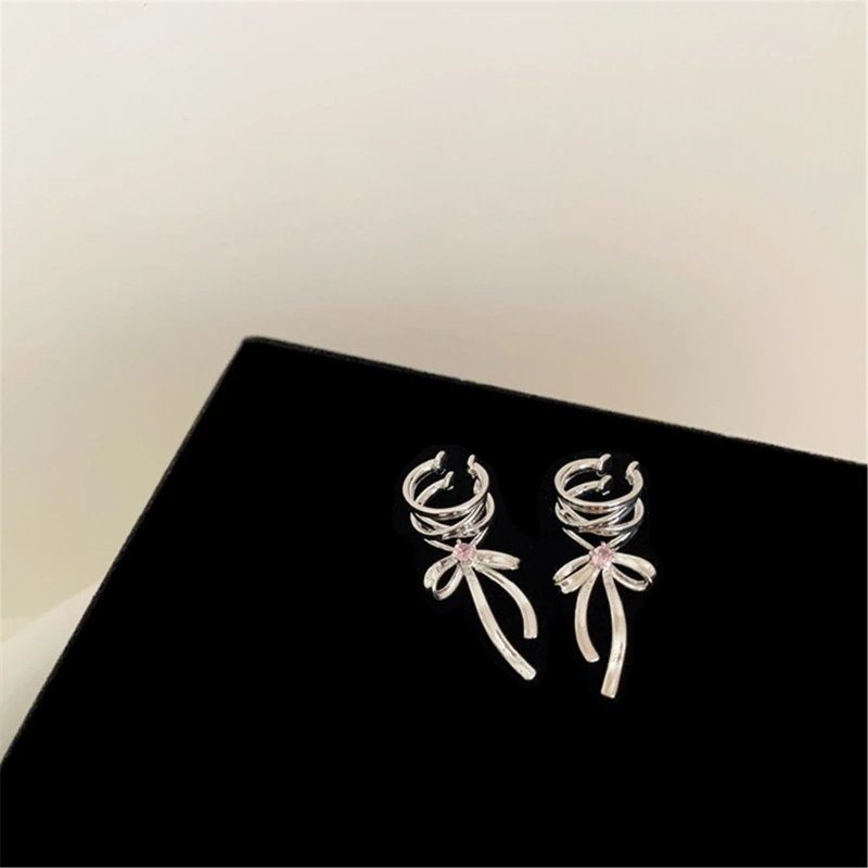 Exquisite Silver Color Bowknot Ribbon Earrings for Women Fashionable and Elegant Metal Hollow Line Ear Cuff Jewelry Dropship